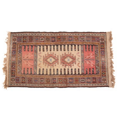 191 - A QASHQAI SOUMAKH

early 20th Century, woven with twin hooked medallions and murgli motifs on a tan ... 