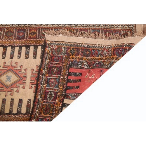 191 - A QASHQAI SOUMAKH

early 20th Century, woven with twin hooked medallions and murgli motifs on a tan ... 