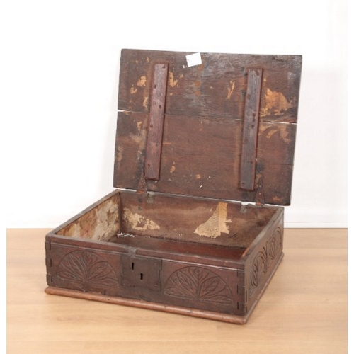 204 - AN OAK BIBLE BOX

17th century and later, with two plank top, decorated with friezes of three sides ... 