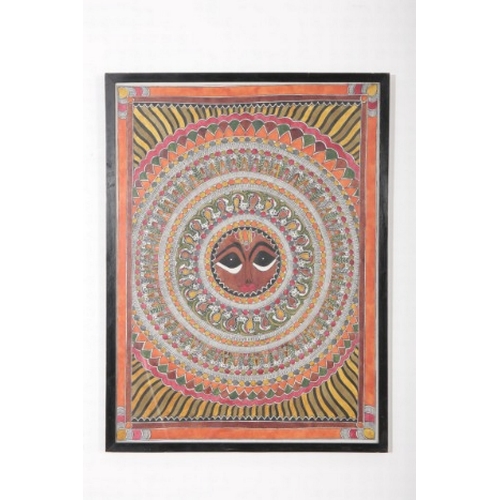 205 - AN INDIAN PAINTING ON PAPER

unsigned, of a face surrounded by polychrome mandala, 74cm x 54cm