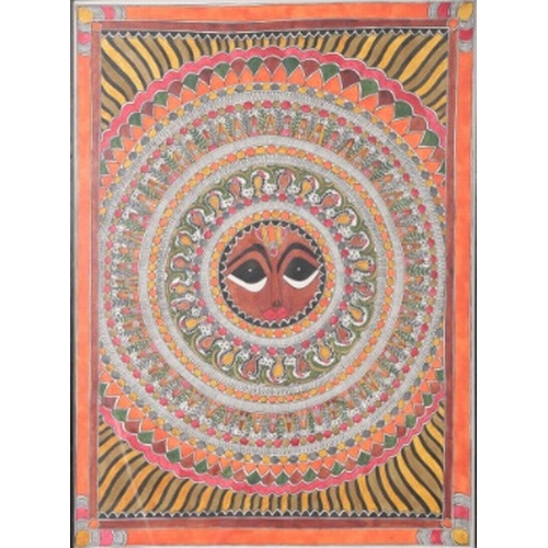 205 - AN INDIAN PAINTING ON PAPER

unsigned, of a face surrounded by polychrome mandala, 74cm x 54cm