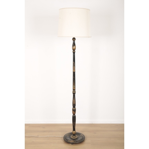 249 - AN EBONISED WOODEN STANDARD LAMP IN CHINOISERIE STYLE

mid-20th century, painted with polychrome Chi... 