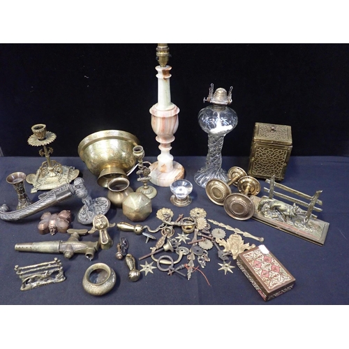 101 - A QUANTITY OF BRASS WARE AND OTHER ITEMS

including a Townshend and Co candlestick, a gas lamp, an o... 