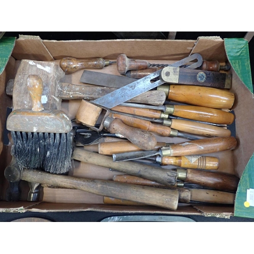 103 - A COLLECTION OF VINTAGE TOOLS

including wooden-handled chisels and gouges, saws, square etc