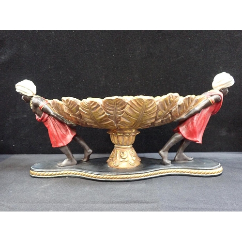 11 - A REGENCY STYLE TABLE CENTREPIECE

the dish of leaf form with blackamoor supports 36cm wide (cast re... 