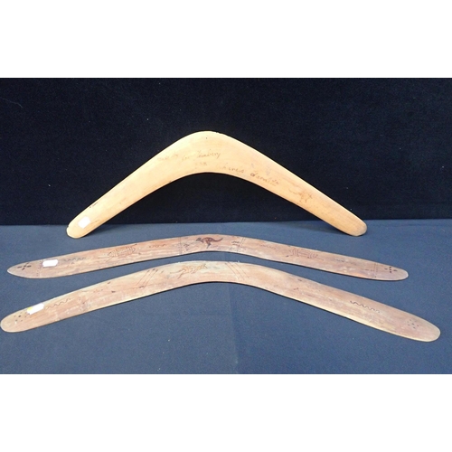 119 - THREE AUSTRALIAN ABORIGINAL BOOMERANGS

two inscribed 'Muddie Duddie Tribe, Murray River' (3)