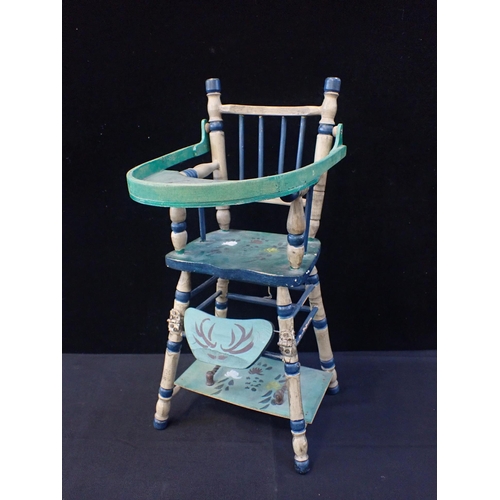 120 - A DOLLS POLYCHROME PAINTED METAMORPHIC HIGH CHAIR

with abacus to the table, 50cm high