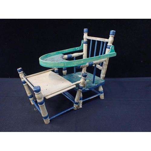 120 - A DOLLS POLYCHROME PAINTED METAMORPHIC HIGH CHAIR

with abacus to the table, 50cm high