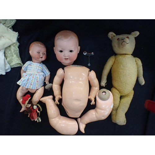 169 - A GERMAN BISQUE HEAD DOLL

No. 241-8 (a/f), a teddy bear (worn) and other dolls