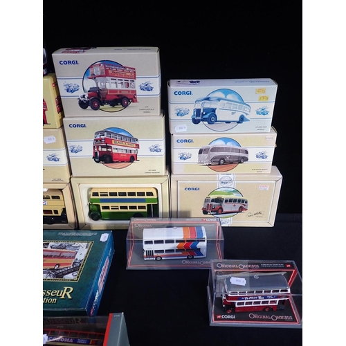 180 - A COLLECTION OF CORGI DIE CAST BUSES AND COACHES

various eras, styles and operators, including Clas... 