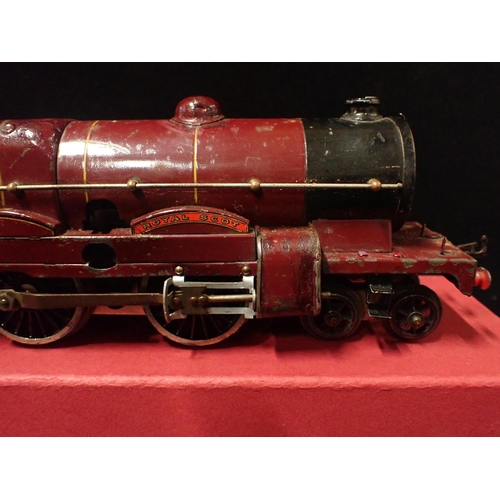 193 - HORNBY 0 GAUGE No.3 LOCOMOTIVE AND TENDER, ROYAL SCOT

clockwork, playworn in replacement box