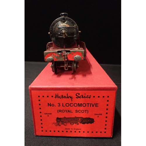 193 - HORNBY 0 GAUGE No.3 LOCOMOTIVE AND TENDER, ROYAL SCOT

clockwork, playworn in replacement box