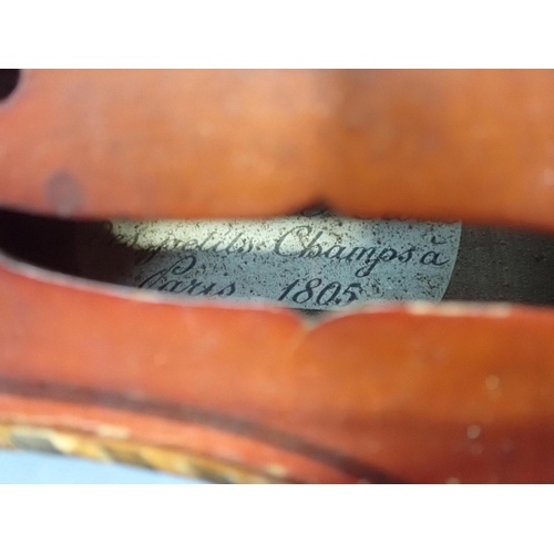 212 - TWO CASED VIOLINS, ONE BEARING THE LABEL OF A PARIS MAKER 1805

the Paris labelled violin with decor... 