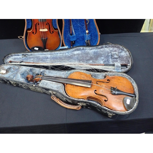 212 - TWO CASED VIOLINS, ONE BEARING THE LABEL OF A PARIS MAKER 1805

the Paris labelled violin with decor... 