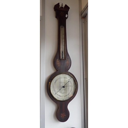 213 - A MAHOGANY CASED WHEEL BAROMETER BY P. PEDRONCINI, LUDLOW

with shell inlay, 19th century