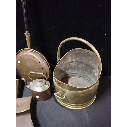 24 - A VICTORIAN PLATED KETTLE ON STAND

with a brass coal scuttle, a copper kettle, dustpan, and warming... 