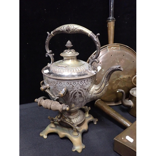 24 - A VICTORIAN PLATED KETTLE ON STAND

with a brass coal scuttle, a copper kettle, dustpan, and warming... 