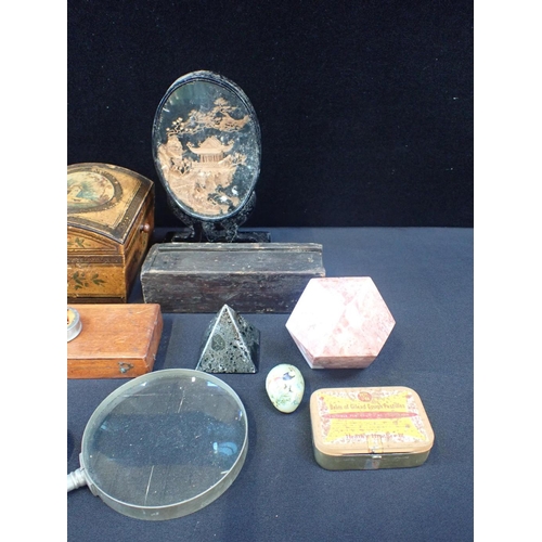 263 - AN ARMORIAL PRINTING BLOCK, A 19th CENTURY PAINTED BOX

(a/f), marble paperweights, magnifying glass... 