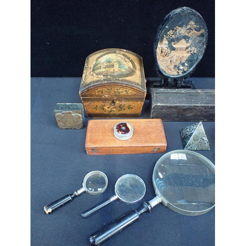 263 - AN ARMORIAL PRINTING BLOCK, A 19th CENTURY PAINTED BOX

(a/f), marble paperweights, magnifying glass... 