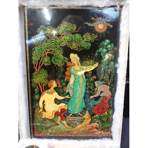 265 - A RUSSIAN LACQUER PAINTED PANEL

signed and dated 1989, boxed 22 x 32 cms, with two small boxed lacq... 