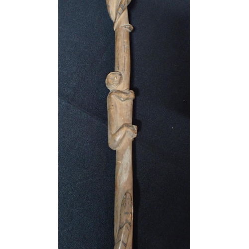 273 - AN AFRICAN STAFF OR WALKING STICK CARVED WITH SNAKES AND CLIMBING FIGURES

with head terminal 117cm ... 