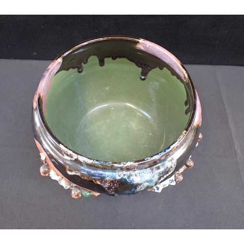 345 - A JAPANESE SUMIDA GAWA JARDINIERE, IN COLOURED GLAZES

with figures in high relief and impressed cha... 