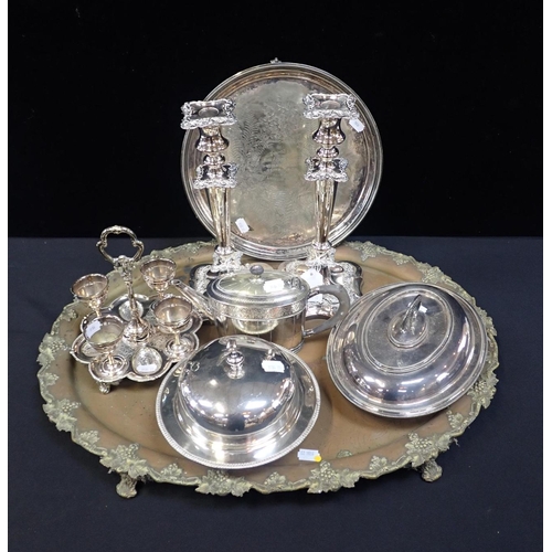 359 - A PAIR OF SILVER-PLATED ON COPPER CANDLESTICKS

and other plated items; trays, teapot etc