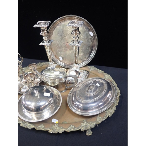 359 - A PAIR OF SILVER-PLATED ON COPPER CANDLESTICKS

and other plated items; trays, teapot etc