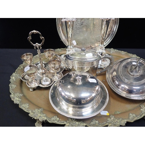 359 - A PAIR OF SILVER-PLATED ON COPPER CANDLESTICKS

and other plated items; trays, teapot etc