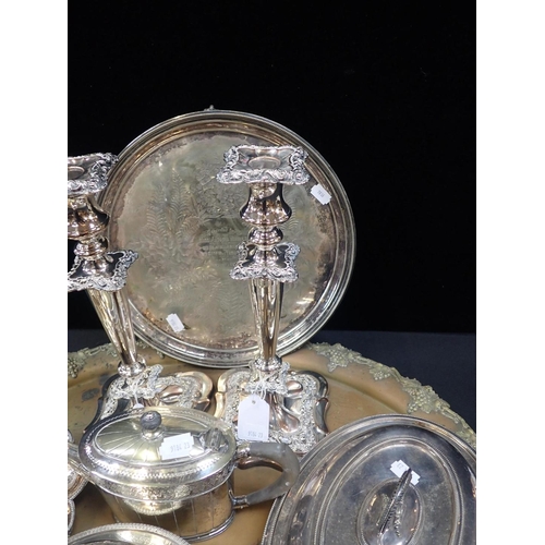 359 - A PAIR OF SILVER-PLATED ON COPPER CANDLESTICKS

and other plated items; trays, teapot etc