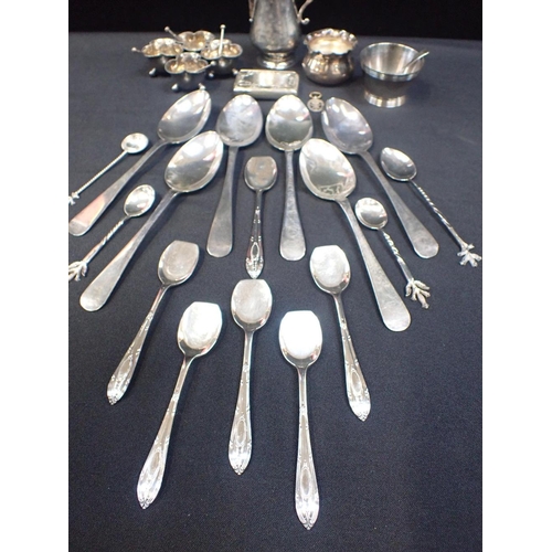 361 - A SET OF FOUR PLATED SALTS WITH SPOONS

with a quantity of plated wares