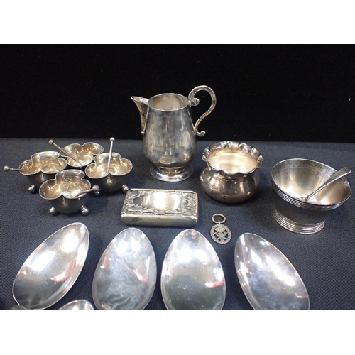 361 - A SET OF FOUR PLATED SALTS WITH SPOONS

with a quantity of plated wares