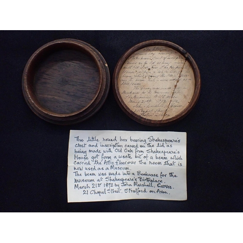 455 - A 19th CENTURY ROUND BOX; 'OAK FROM SHAKESPEARES HOUSE'

with explanatory note in the lid (with tran... 