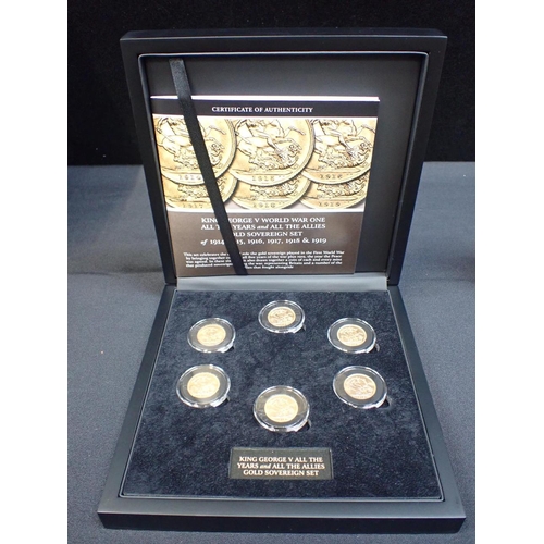 495 - A GEORGE V GOLD 'WORLD WAR ONE - ALL THE YEARS AND ALL THE ALLIES' SIX SOVEREIGN SET

comprising exa... 