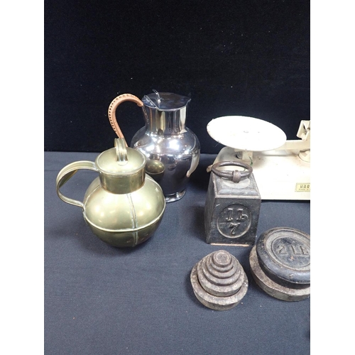 62 - A BRASS GUERNSEY JUG, PAINTED SCALES, MIXED KITCHENALIA