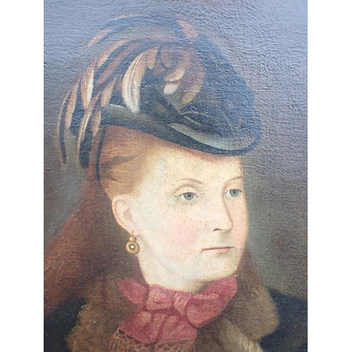 627 - A 19th CENTURY NAIVE PORTRAIT OF A WOMAN

wearing a feathered hat, oil on canvas, framed 72 x 86cm (... 