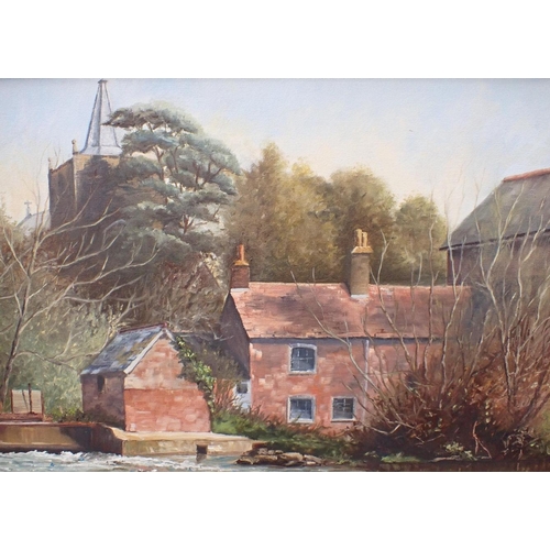 643 - PAULA COULING: WATERMILL AND CHURCH TOWER, POSSIBLY IN DORSET

oil on canvas, in gilt frame 74 x 54c... 