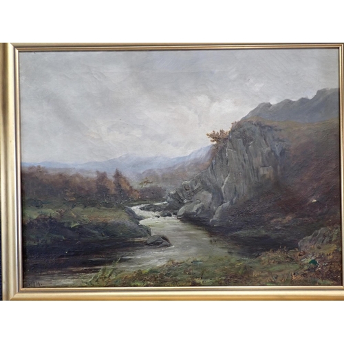 671 - A LATE 19th CENTURY LANDSCAPE, SIGNED 'WTM'

oil on canvas, in modern gilt frame 53 x 68cm (some dam... 