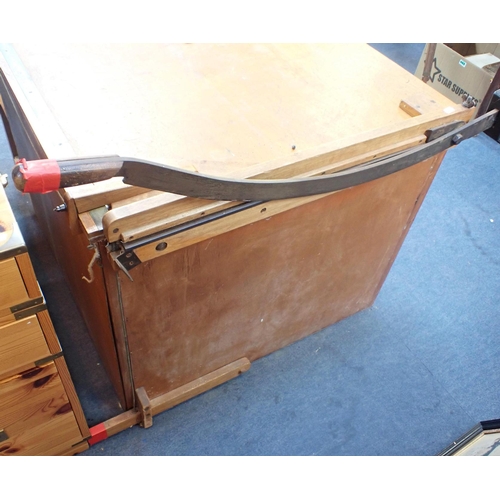 68 - A BOOKBINDING WORKBENCH, FITTED DOUBLE DOORS

and integral tub, with laying press and Dryad plough, ... 