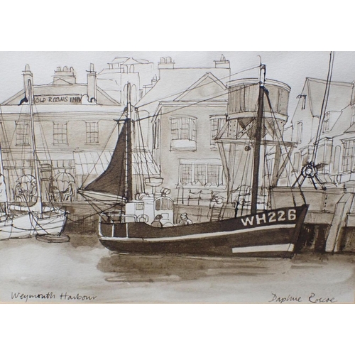 706 - DAPHNE ROSCOE (20th Century) A set of four sepia views of Weymouth Harbour

dated 1976, 1977, 1979 a... 