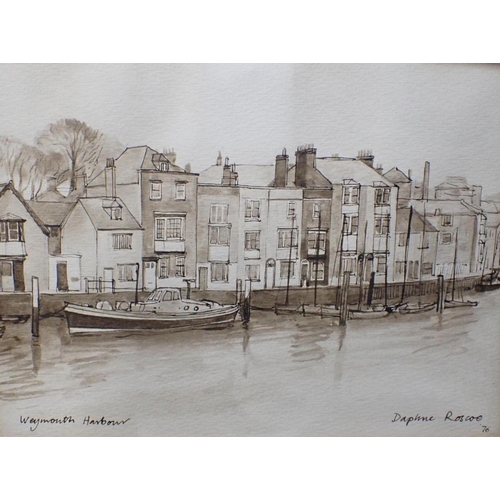 706 - DAPHNE ROSCOE (20th Century) A set of four sepia views of Weymouth Harbour

dated 1976, 1977, 1979 a... 