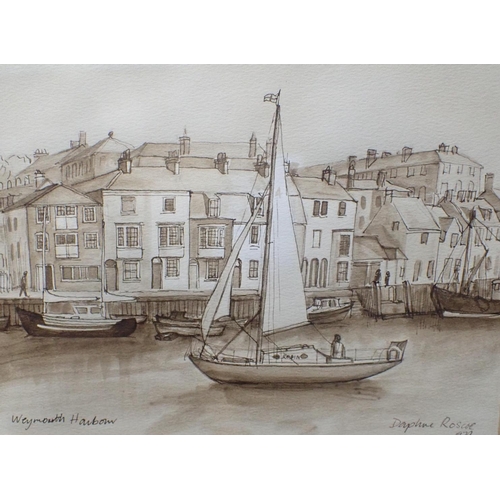 706 - DAPHNE ROSCOE (20th Century) A set of four sepia views of Weymouth Harbour

dated 1976, 1977, 1979 a... 