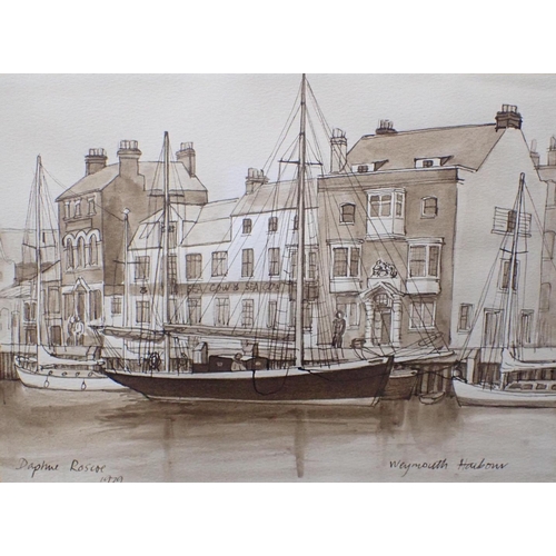 706 - DAPHNE ROSCOE (20th Century) A set of four sepia views of Weymouth Harbour

dated 1976, 1977, 1979 a... 