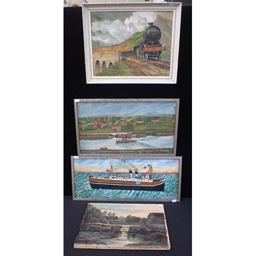 721 - PAIR OF FRENCH PRIMITIVES 1950s

ship at sea and canal scene, oil on canvas, larger 62 x 27cm, with ... 