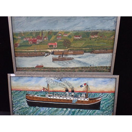 721 - PAIR OF FRENCH PRIMITIVES 1950s

ship at sea and canal scene, oil on canvas, larger 62 x 27cm, with ... 