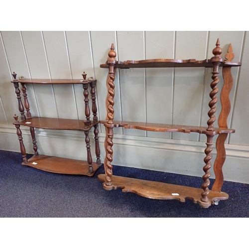 744 - A SET OF VICTORIAN OAK HANGING SHELVES

with barley-twist columns 51cm wide, and a smaller, plainer ... 