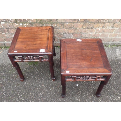 747 - A PAIR OF SMALL CHINESE HARDWOOD TABLES

with carved friezes and shaped legs, 46cm high x 38.5cm squ... 