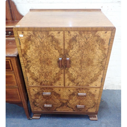 762 - AN ART DECO BURR WALNUT CUPBOARD

with two drawers under, 69cm wide, and an Edwardian mahogany dress... 