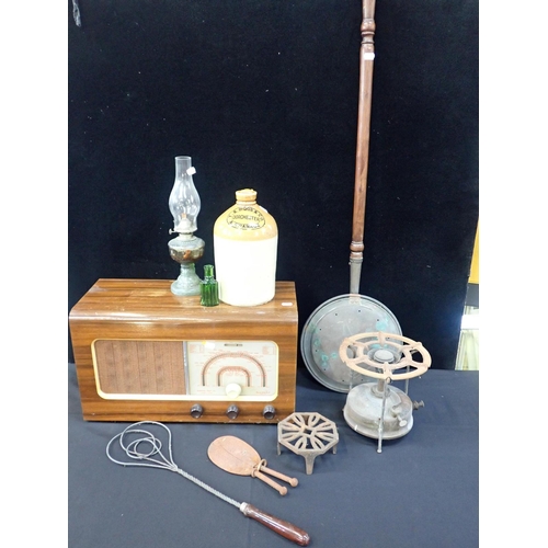 78 - A 1940s McMICHAEL RADIO Ltd WIRELESS SET, WALNUT CASED

c.1947, an oil lamp, warming pan, a castrati... 