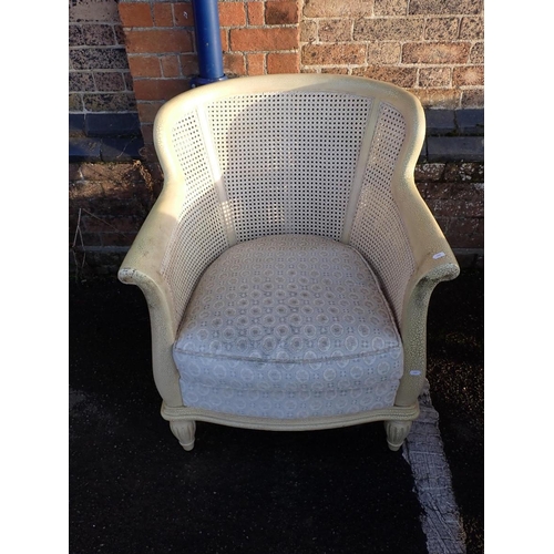 808 - A PAIR OF REGENCY STYLE BERGERE ARMCHAIRS, AND SIMILAR CHAISE LONGUE

with similar upholstery and tu... 